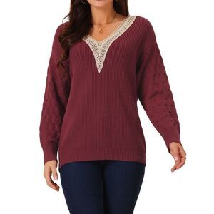 Long Sleeve Lace V Neck Knit Winter Drop Shoulder Pullover Sweater Tops Wine Red